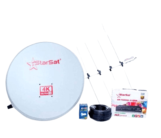 Le kit satellite Starsat : Parabole , Décodeur , Câble , LNB ( plus de 100 chaînes gratuites sans abonnement par mois après installation)